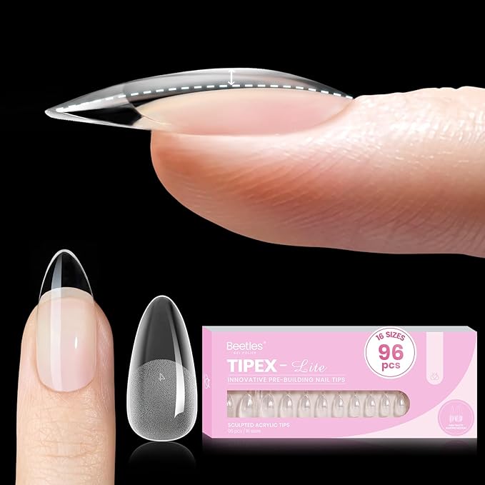 Beetles Tipex Lite Instant Apex Nail Tips, Medium Almond, 16 Sizes | 00–14, Built-in Apex Acrylic Tips for Flat & Natural Nail Beds, Beginner-Friendly Easy DIY Nail Extensions
