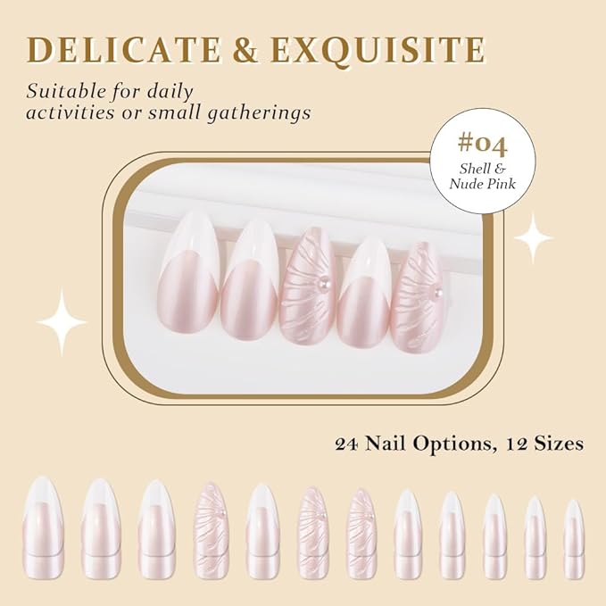evpct French Tips Press on Nails Medium Almond, Nude Pink + White Tips, Chrome Glazed Aurora Fake Nails Kit with 3D Shell & Rhinestones Design, Stick on Nails with Nail Kit, Reusable Stick on Nail Kit