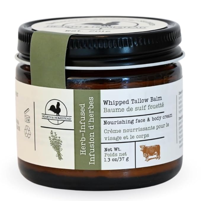 Hearth and Homestead: Handmade Whipped Tallow Balm (Unscented/Herb-Infused) - Organic Body Butter with Infused Olive Oil, for Eczema, Rosacea, Baby - 1.3 oz