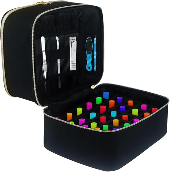 Meichoon Organizer Tools 2 Layers Storage Holder Case with Adjustable Bottle Compartment 30 Bottles of Gel lamp and Manicure Tools Large Makeup Bag Travel Black