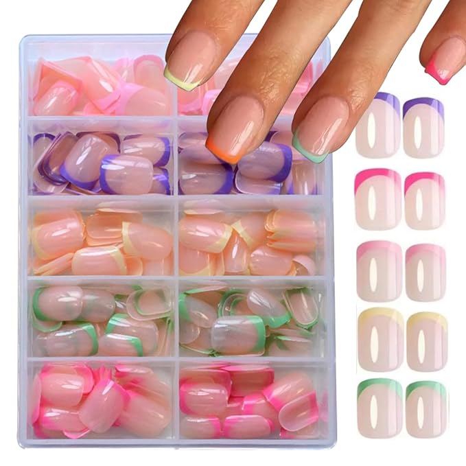 240Pcs French Tip Press On Nails Short Square Fake Nails Press Ons Set Full Cover Acrylic Glue on Nails Reusable Glossy Artificial Nail Kit False Nails for Women Girls Manicure 12 Color