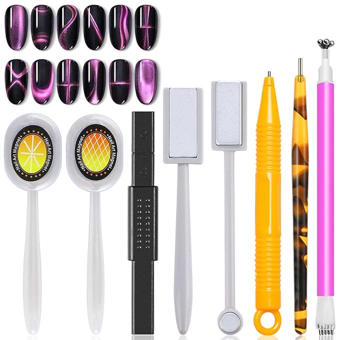 8 Pieces Nail Magnet Tool Set Double-Head Flower Design Nail Magnet Pens Animal Eye Magnetic Plate Multi-Function Magnet Board Magnet Stick 3D Magnetic for Cat Eye Gel Polish Nail Art