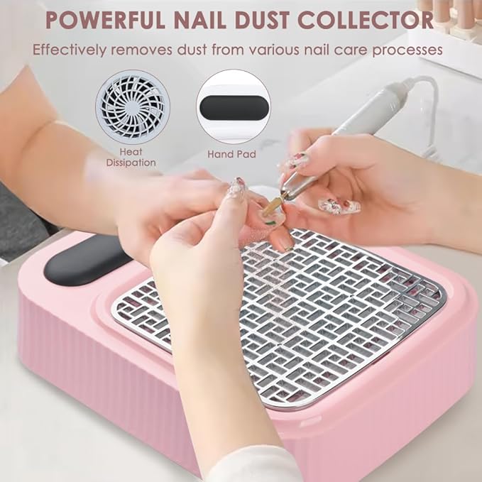 Pink Nail Dust Collector with Reusable Filter for Acrylic Gel Nails, 80W Power Nail Vacuum Cleaner Dust Catcher Adjustable Dust Sucker for Nails Manicure Pedicure at Home Nail Salons