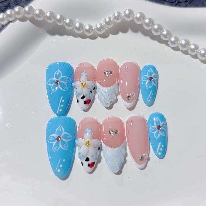10 Pcs Blue French Almond Handmade Press on Nails with Glue,Luxury False Nails 5D Flower Art Design Muti-Layer Gel False Nails Reusable Thick Nails Handmade Nail for Women(Size S)