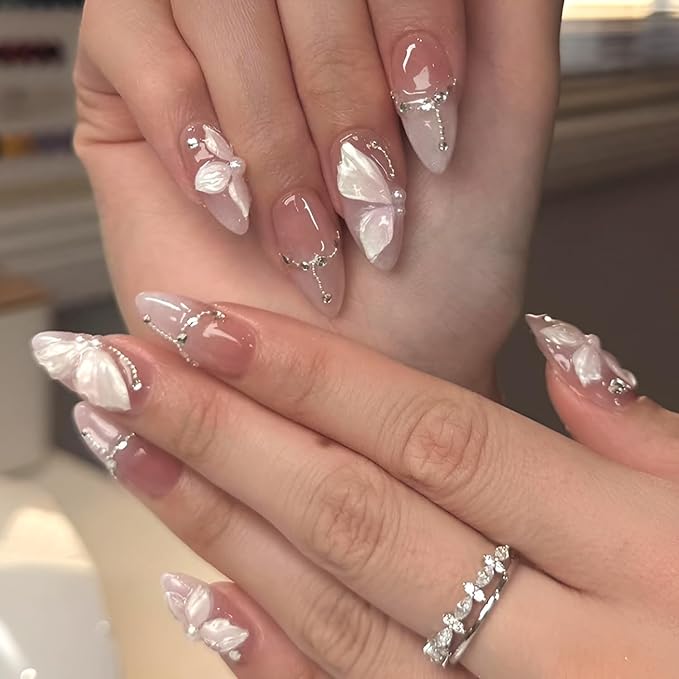 24Pcs Flower Press on Nails Medium Almond Fake Nails Nude False Nails White Flower Nails Press Ons with Pearl Design Glossy Stick on Nail Gradient Stick on Nail for Women Decorations Set