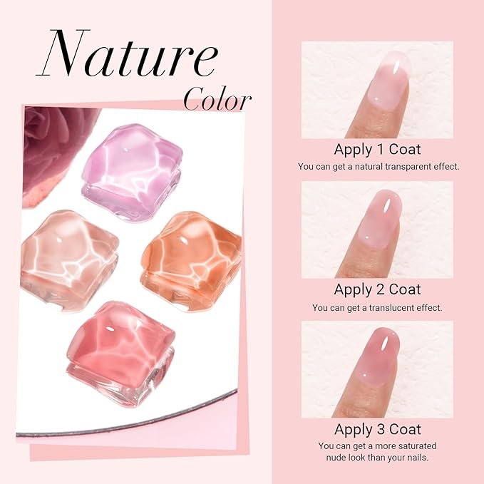 AZUREBEAUTY Dip Powder Nail Starter Kit, 4 Colors Translucent Jelly Nude Gentle Pink Dipping Powder System Liquid Set with Base & Top Coat Activator for French Nail Art Manicure Salon DIY