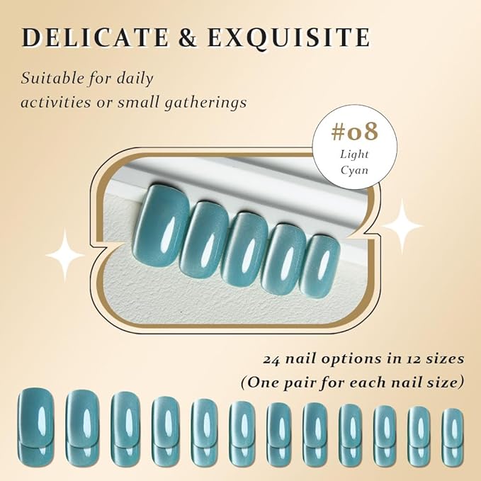 Cat Eye Light Cyan Press On Nails Medium Long Length Square, Designer Reusable Acrylic Fake Nail with Glue, Glossy Gel Nails Wedding Party, Stick On Glue On Nail, Nails Press Ons for Women