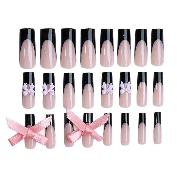 Square Press on Nails Long MABKJLF Black French Tip Fake Nails False Nails with Pink Bow Charms Ribbon Designs Glossy Glue on Nails Stick on Nail for Women Girls 24Pcs
