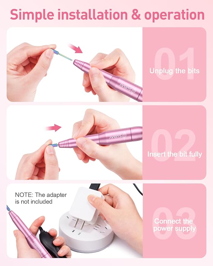 Subay Electric Nail Drill, Portable Electric Nail File for Acrylic Gel Nails, Manicure Pedicure Tool with 6 Bits and 26 Sanding Bands for Home and Salon Use - Pink