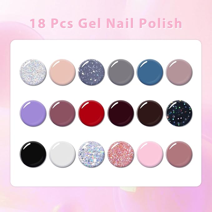 Gel Nail Polish Set of 18 Colors - Soak Off LED/UV Gel Polish, Long Lasting High Gloss Finish, Trendy All Season Colors, Perfect for Salon Home, Women Girls & Nail Art Lovers