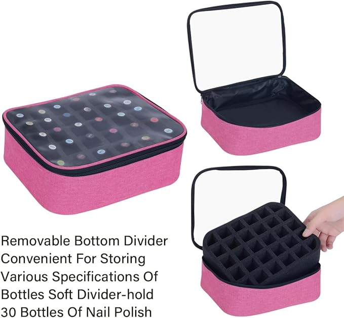 2 Pcs Small Clear Nail Polish Organizer Holds 60 bottles(15ml-0.5fl.oz) Nail Polish Case Multifunctional Nail Polish Bag organizer, Cosmetic Travel Makeup Cases for Women Rose Red