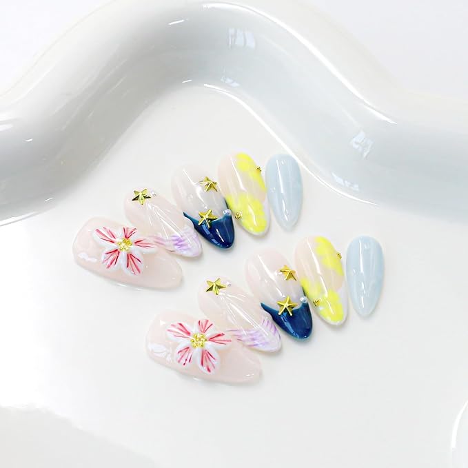 Handmade Press on Nails 3D Pink White Flower Fake Nails Salon Quality Medium Almond Acrylic Nail French Summer Starfish False Nails Designs Full Cover Stick on Nail for Women（Size M）