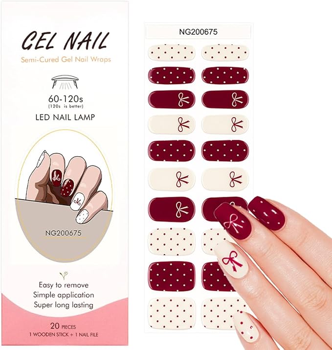 Polka Dot Semi Cured Gel Nail Strips - 20Pcs Burgundy UV Gel Nail Wraps with Polka Dots & Bow Design, Long Lasting Salon-Quality Stickers, Includes Nails File & Wooden Stick - UV/LED Lamp Required