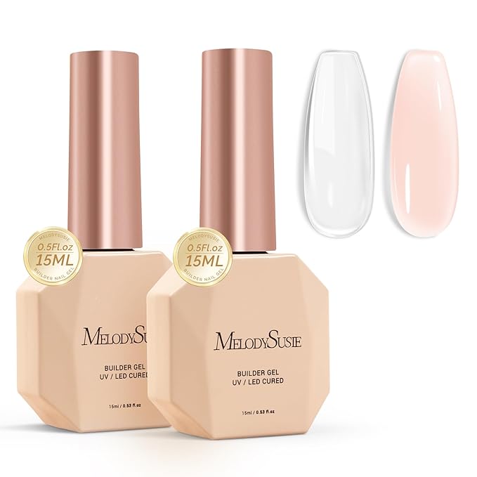 MelodySusie 2PCS 15ML Clear Nude Builder Nail Base Gel for Nails Thickening,Soak Off UV Extension Gel,Rhinestone Nail Glue in a Bottle for Nail Art Design Gift for Women