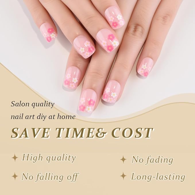 evpct Pink Flower Press on Nails Short Square, Glossy Cute Pink Fake Nails with Floral Design, Stick on Nail Press ons for Women Gifts, Soft Gel Acrylic Nail Perfectly Fit with Manicure Kit 30Pcs