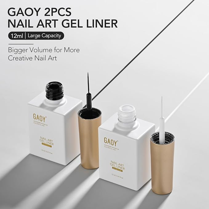 GAOY Gel Nail Polish Art Liner Set, White and Black 2Pcs 12ml Classic Colors Nail Paint Design with Thin Brush, UV Light Cure for DIY French Manicure at Home