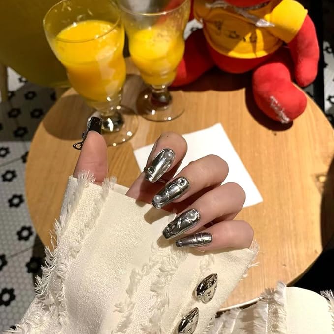 Press on Nails, Middle Ladder Fake Nails Pearls False Nails Middle Silver Press on Nails for Women Girls Nail Art Decoration - Middle