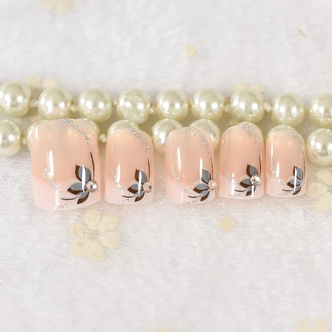 EchiQ Flowers Short Round Press On Nails, Natural Design, Gel Polish DIY, Diamond Nude Base, Swirls Glitter Sequins Shimmer Solid Color Glossy Fake Nails Women Girls