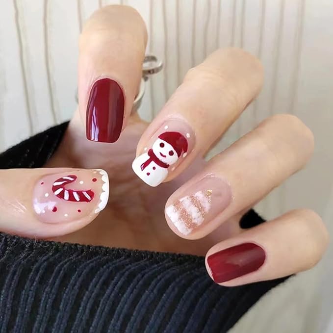 6 Packs (144 Pcs) Christmas Press on Nails Short Square Fake Nails Winter Xmas False Nails with Designs Snowflake Snowman Elk Glue on Nails Full Cover Glossy Acrylic Stick on Nail for Women Manicure