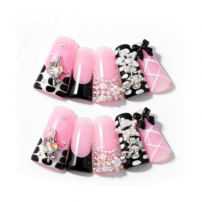 10 Pieces Luxury Acrylic Press On Nails Long Handmade Duck Nails, Black Thickened False French Nails, With 3D Bowknot And Stars, Reusable Fake Nails, Acrylic Nails (L)