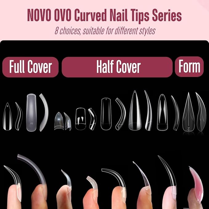 NOVO OVO Halloween 500 pcs Half Cover Extra Long Hawk Curved Stiletto/Almond Nail Tips, XXL 2XL Sharp False Nails for Acrylic, Clear QUEEN STILETTO CURVE Eagle Claw Gel Extension x 10 Sizes in Bag