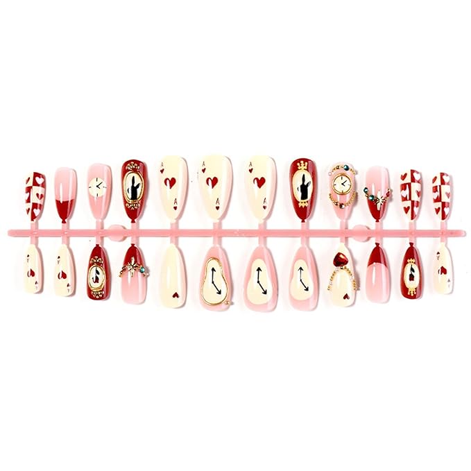 Almond Press on Nails Medium Fake Nails Red Artificial Nail Cherry and Heart Love Designs Gold Charm Stick on Nail for Women 24pcs