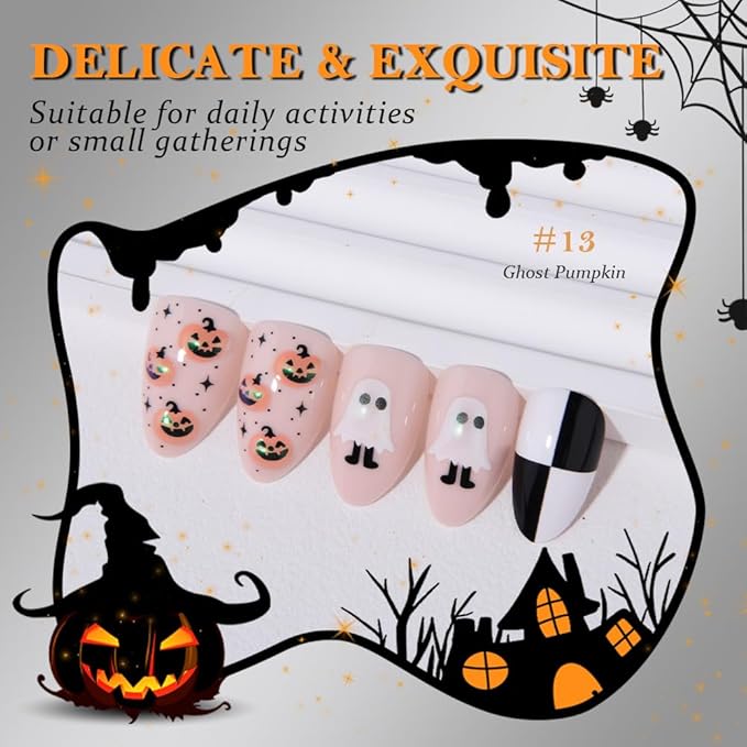 Cute Halloween Press on Nails Short Almond with 3D Ghost Pumpkin Design, Nude Pink Glossy Artificial Acrylic Fake Nails Reusable with Kit, Perfectly Fit Full Cover Stick on False Nail for Women Girl