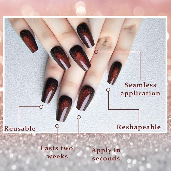 evpct Reddish Brown Cat Eye Coffin Press on Nails Square Medium, Medium Square Stick on Nails for Women Gift, Wine Red Metallic Glitter Glossy Reusable Spring Summer Gel Press on Acrylic Fake Nail