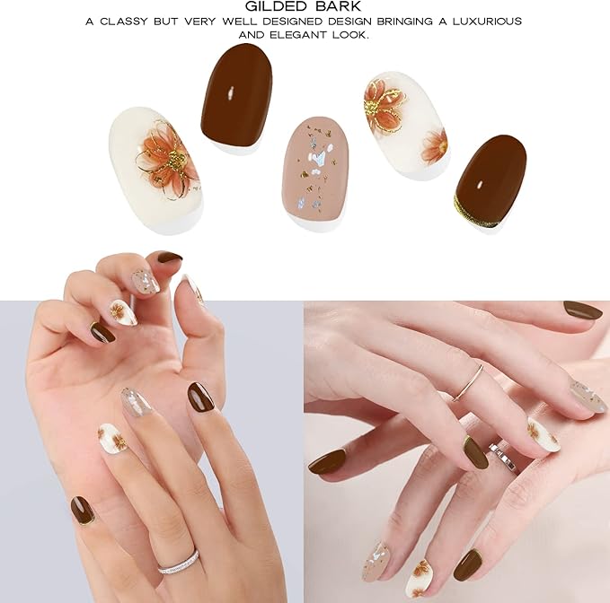 Semi Cured Gel Nail Strips with 30 Pieces, Salon Quality Nail Wraps for Women, UV Light Required, Gilded Flower