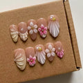 Press On Nails Medium Length Almond Shape False Nails, Handmade Acrylic Gel Fake Nails with Art Designs, Reusable 10 Pcs 3D Nails for Women DIY Manicure Kit (Size L)