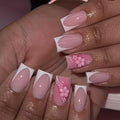 Press on Nails Square - Short Fake Nails with Floral Chrams Design - White French Tip False Nails Press ons - for Women 24 Pcs