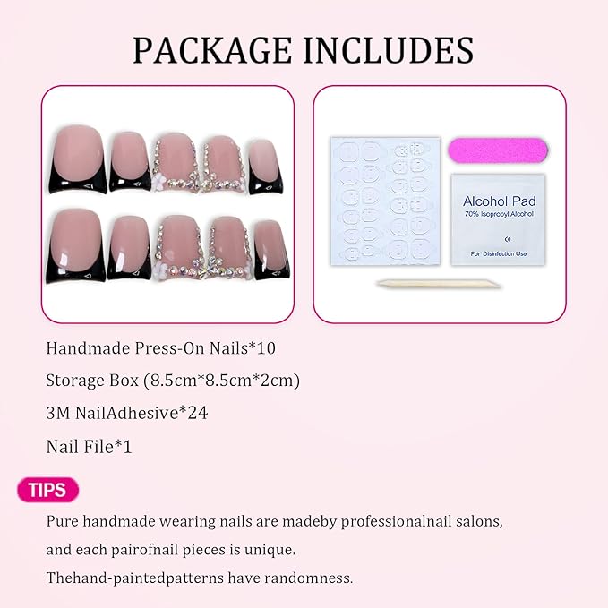Handmade Press on Nails Muti-Layer Gel Acrylic Nail Short Duck Black French Tip Fake Nails Flower & Rhinestones Designs Luxury Handmade False Nail Art Full Cover Thickened Stick on Nails for Women (S)