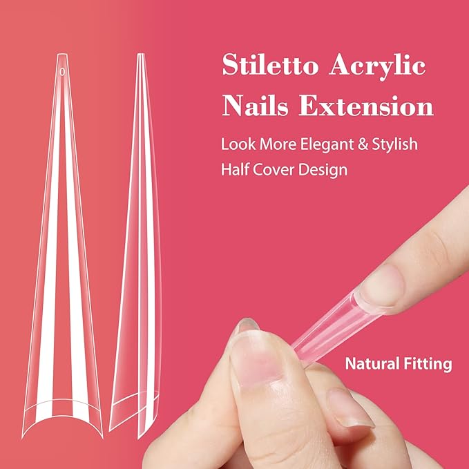Lionvison 4XL Stiletto Nail Tips for Acrylic Nails Professional, 300Pcs Clear Nail Tips Half Cover Extra Long False Nails for Home Salon DIY, 12 Sizes