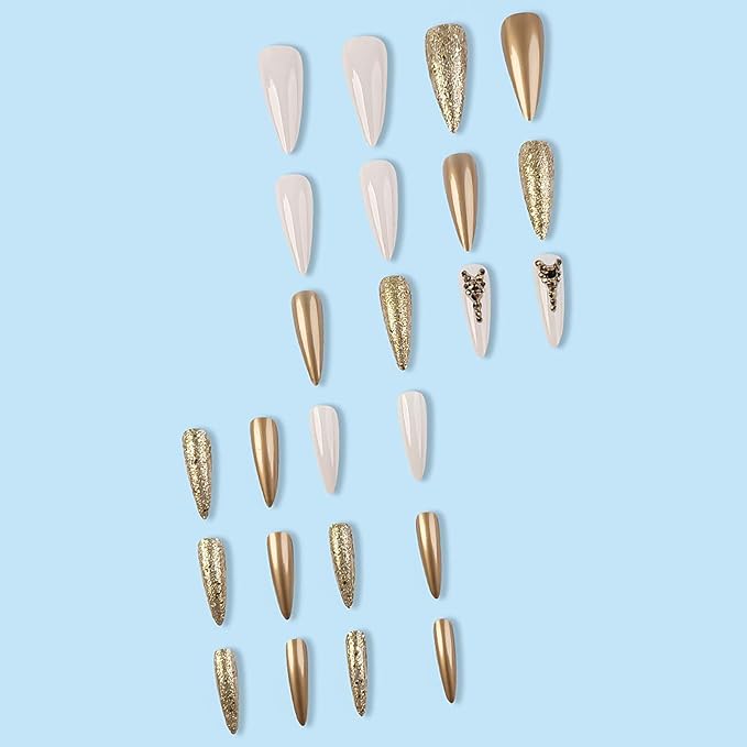 Rchosvam xl Almond Press on Nails Long Stiletto Shape Fake Nails Press Ons Gold Chromese Design False Nails Gold Rhinestones Stick on Nails Full Cover Artificial Nails Gift for Womens 24pcs