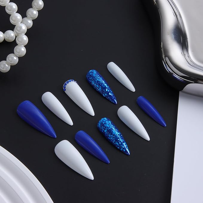 24pcs Royal Blue Glitter Shining Long Almond Press On Nails, Reusable Nail Kit with Nail Adhesive Tabs Mini Nail File, 12 Sizes (Blue Glitter)