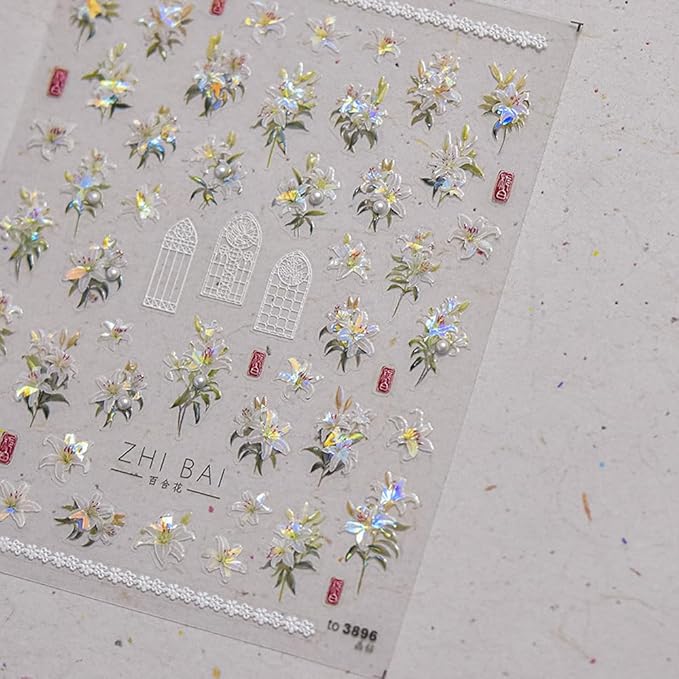 Spring Floral Nail Art Stickers, Blossoms Lily Design with Iridescent Effect, Valentine's Day Decorative Nail Decals (Lily Two)