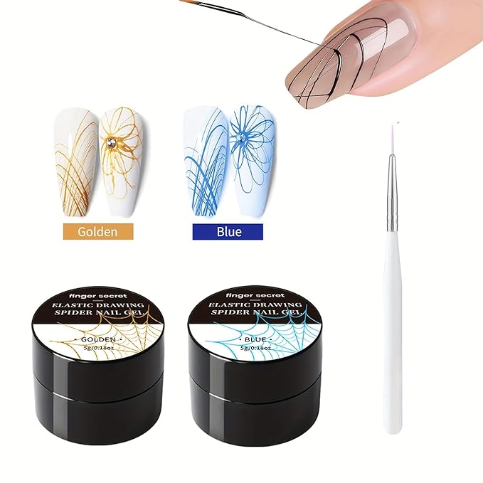 5g/0.18oz Spider Gel Kit for Nails, Spider Design for Art Wire Drawing Nail Gel for Line with Brushes for Nail Art (Gold Blue)