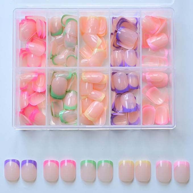 240Pcs French Tip Press On Nails Short Square Fake Nails Press Ons Set Full Cover Acrylic Glue on Nails Reusable Glossy Artificial Nail Kit False Nails for Women Girls Manicure 12 Color