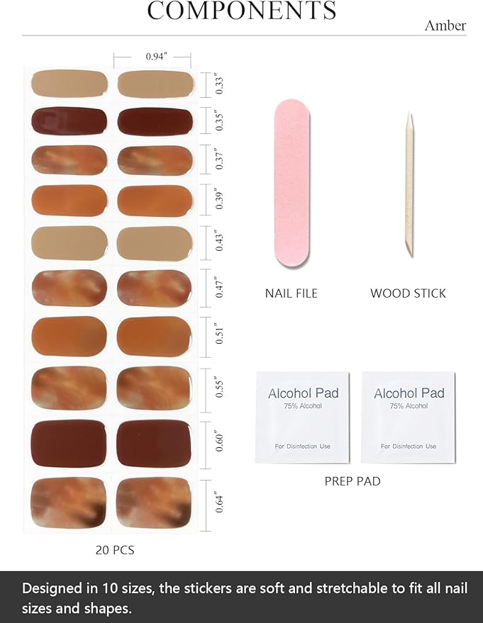 Semi Cured Gel Nail Strips (Amber), Brown, 20 Pcs Gel Nail Wraps, Stickers, Fall, Salon Quality, Works with Any UV Lamps