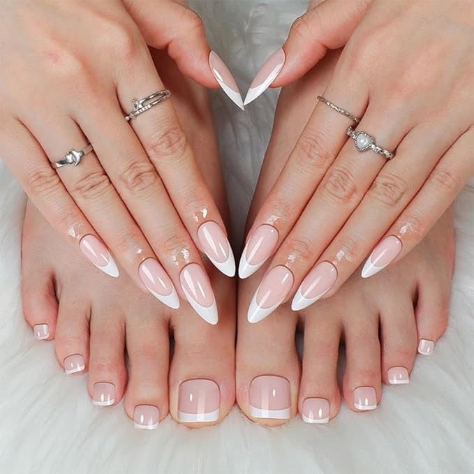 48Pcs White French Tips Press on Toenails Light Pink Press on Nails Medium Almond False Nails with Designs Nude Pink Fake Toenails Glossy Reusable Summer Fake Toenails for Women Girls DIY Manicure