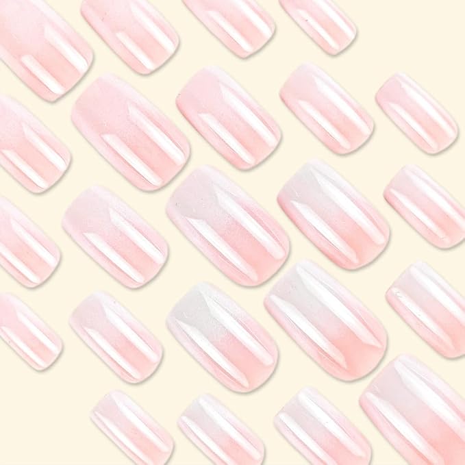 Sqaure Fake Nails Short Ombre Press on Nails White Nude Gradient False Nails Press ons Glossy Acrylic Artificial Nails Glue on Nail for Women Girls 24Pcs