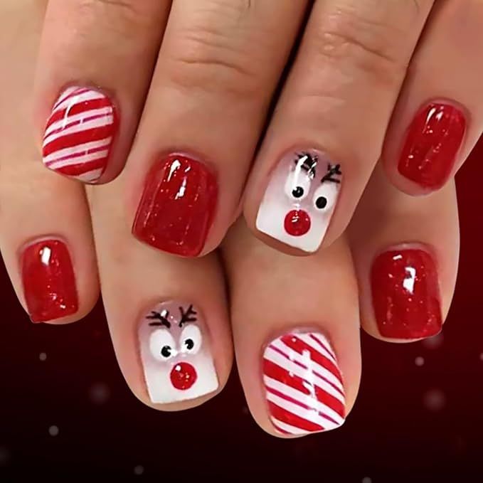 Christmas Press on Nails Short Square Fake Nails with Cute Elk Designs Red Glitter Xmas False Nail Winter Acrylic Stick on Nail for Women 24 Pcs