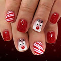 Christmas Press on Nails Short Square Fake Nails with Cute Elk Designs Red Glitter Xmas False Nail Winter Acrylic Stick on Nail for Women 24 Pcs