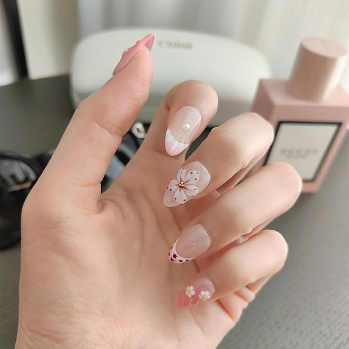 10Pcs Short Almond Handmade Press On Nails | Pink Ombre with Seashell, 3D Floral & Pearl Decor | Reusable Salon-Quality Fake Nails for Women and Girls(PZ01, XS)