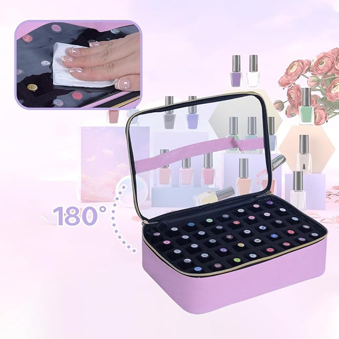 Small Clear Nail Polish Organizer Case Holds 40 Bottles(15ml-0.5fl.oz) Multifunctional Nail Polish Bag, Cosmetic Travel Makeup Bags for Women, Pink