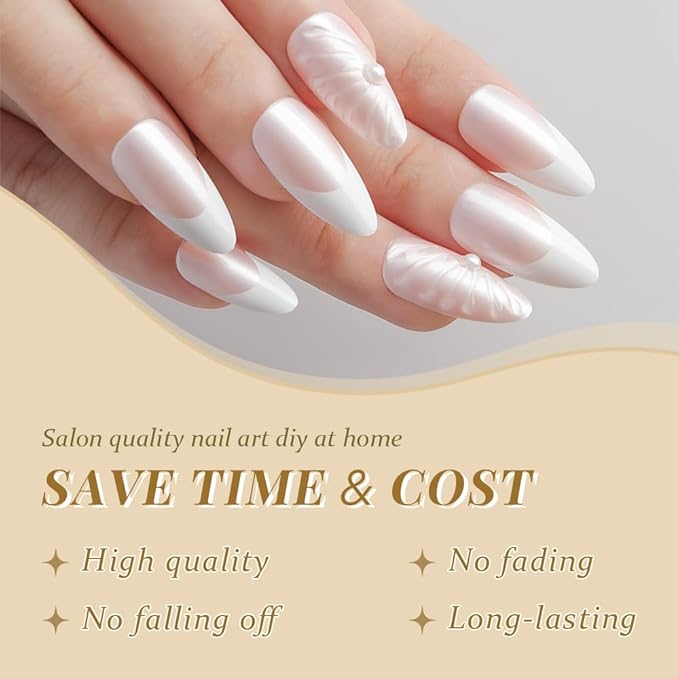 evpct French Tips Press on Nails Medium Almond, Nude Pink + White Tips, Chrome Glazed Aurora Fake Nails Kit with 3D Shell & Rhinestones Design, Stick on Nails with Nail Kit, Reusable Stick on Nail Kit