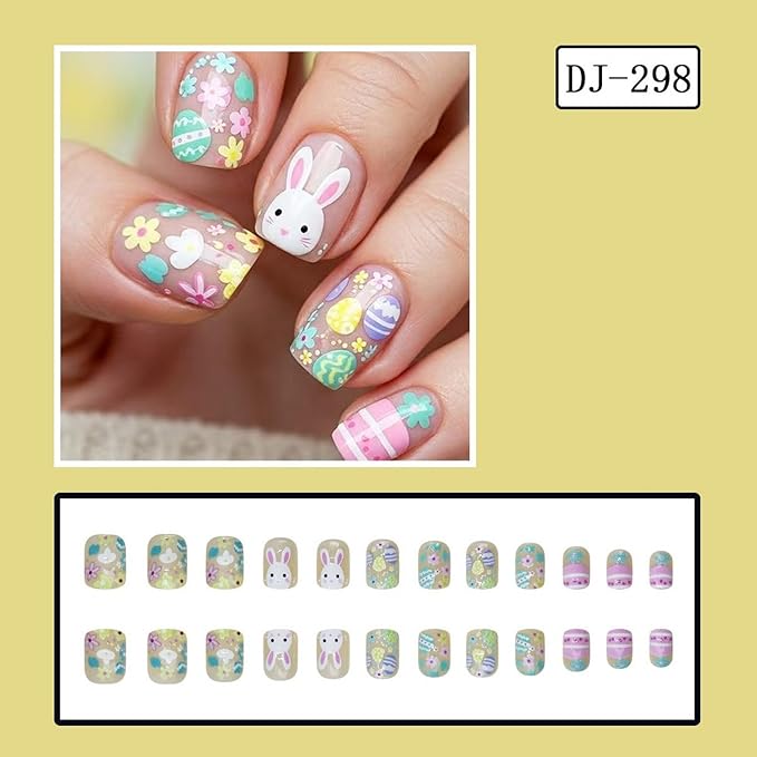 24 Pcs Easter Press on Nails Short Square Fake Nails with Easter Egg Designs Cute Bunny Acrylic Nail Colorful Flower Stick on Nails Full Cover Holiday Nail for Women Manicuare Art