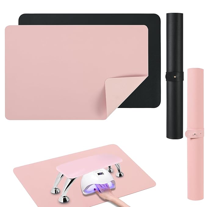 2 PCS Nail Art Table Mat, Soft Microfiber PU Leather Nail Pad, Foldable Nail Art Rest Pad, Reusable Nail Mat for Table Desk, Acrylic Nail Desk Mat for Nail Cushion(Pink+Black)