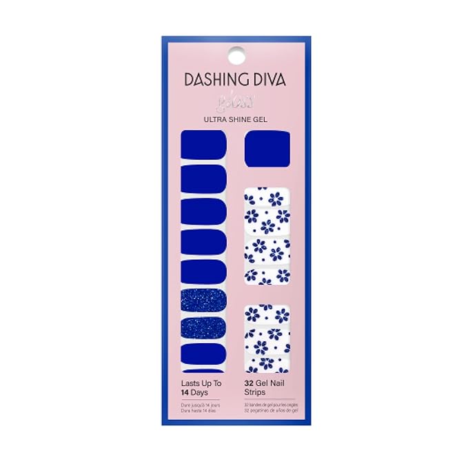 Dashing Diva Gloss Nail Strips - Flor Azul - UV Free, Chip Resistant, Long Lasting Gel Nail Stickers - 3-Piece Manicure Set - Contains 32 Wraps, 1 Prep Pad, 1 File