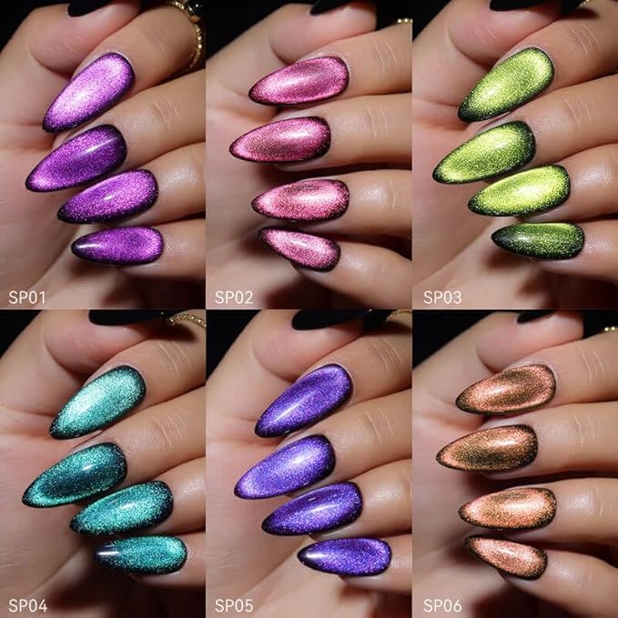 vettsy Magnetic Gel Nail Polish Set with Magnet, 6 Colors Cat Eyes Gel Polish Kit with Cat Eyes Effect for DIY Nail Art Manicure at Home (Spectrum)